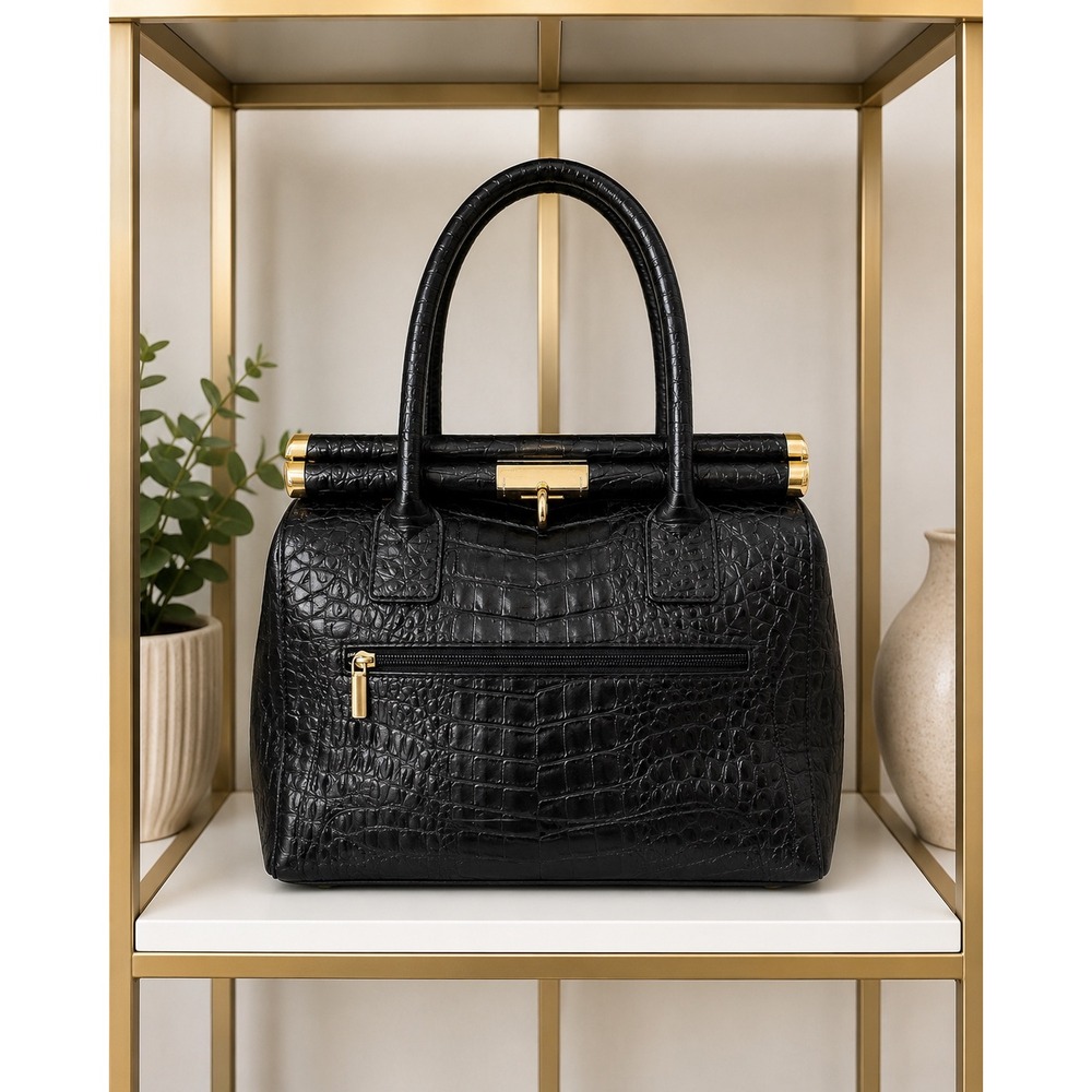 Borse In Pelle Italy Black Croc Embossed Leather Satchel Handbag Gold Hardware